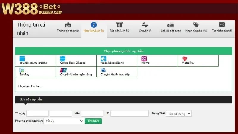 Hướng dẫn nạp tiền vào W388